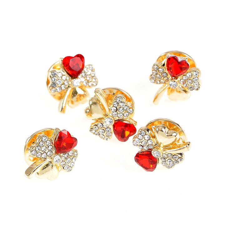 Set 5 brose martisor trifoi cu piatra rosie, Meli Melo Paris