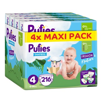 Scutece Pufies Fashion & Nature, Marimea 4, 9-14 kg, 216 buc Multipack