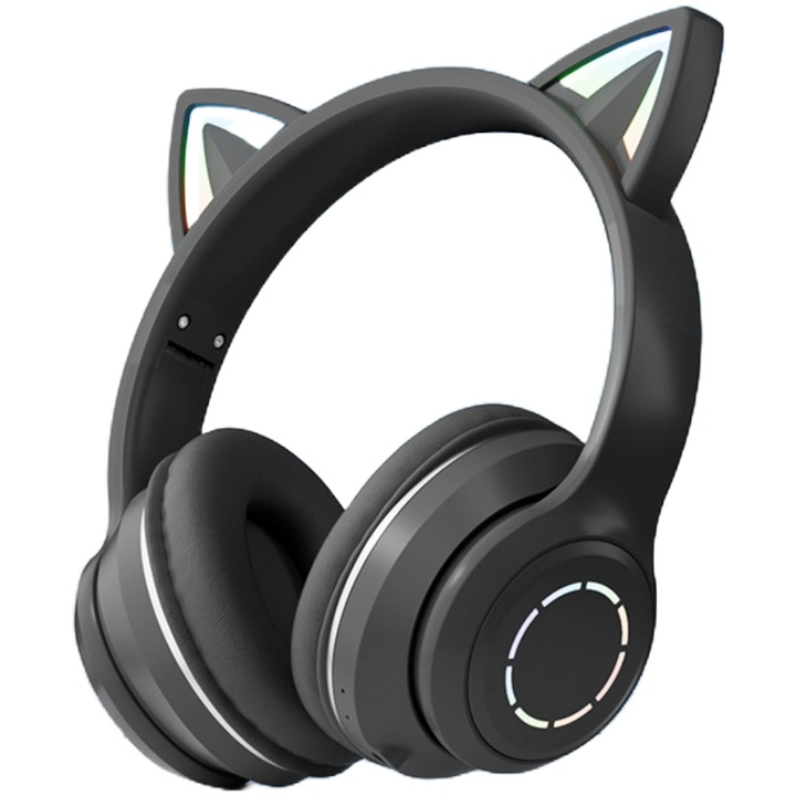 Сгъваеми безжични слушалки с RGB осветени котешки уши, Bluetooth 5.0, стерео звук и микрофон, черни