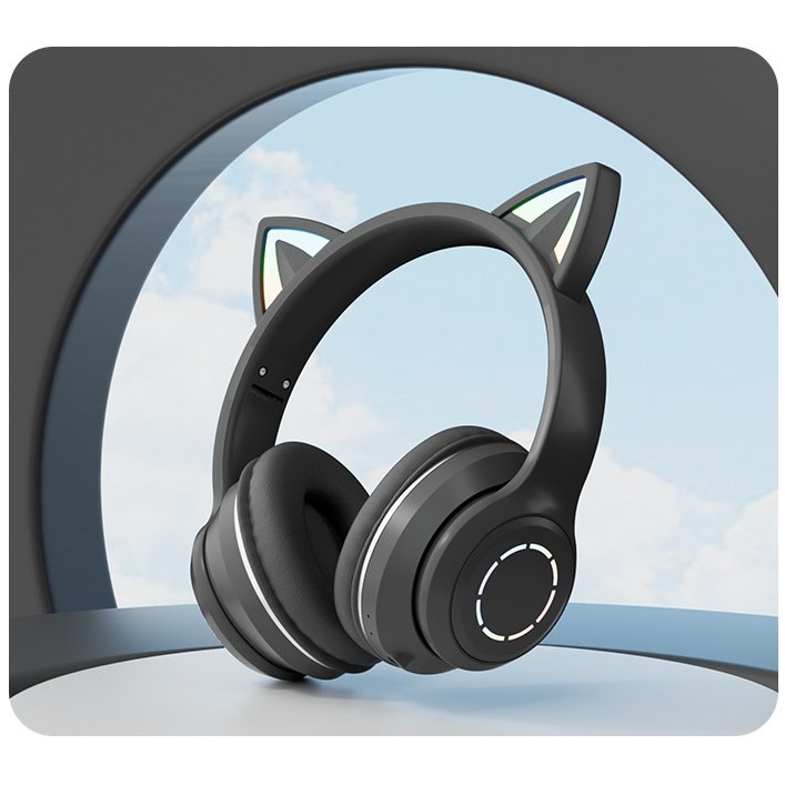 Casti wireless pliabile cu urechi de pisica iluminate RGB i4FIT®, Bluetooth 5.0, Sunet Stereo si microfon, Negru