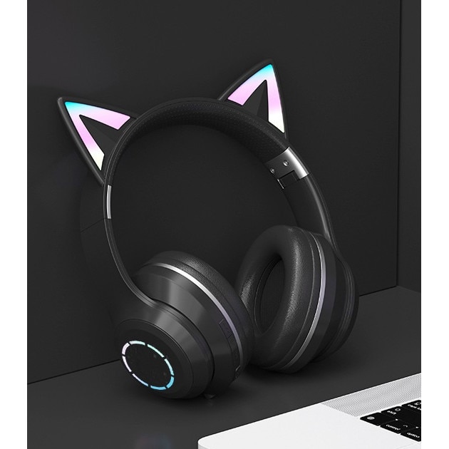 Casti wireless pliabile cu urechi de pisica iluminate RGB i4FIT®, Bluetooth 5.0, Sunet Stereo si microfon, Negru