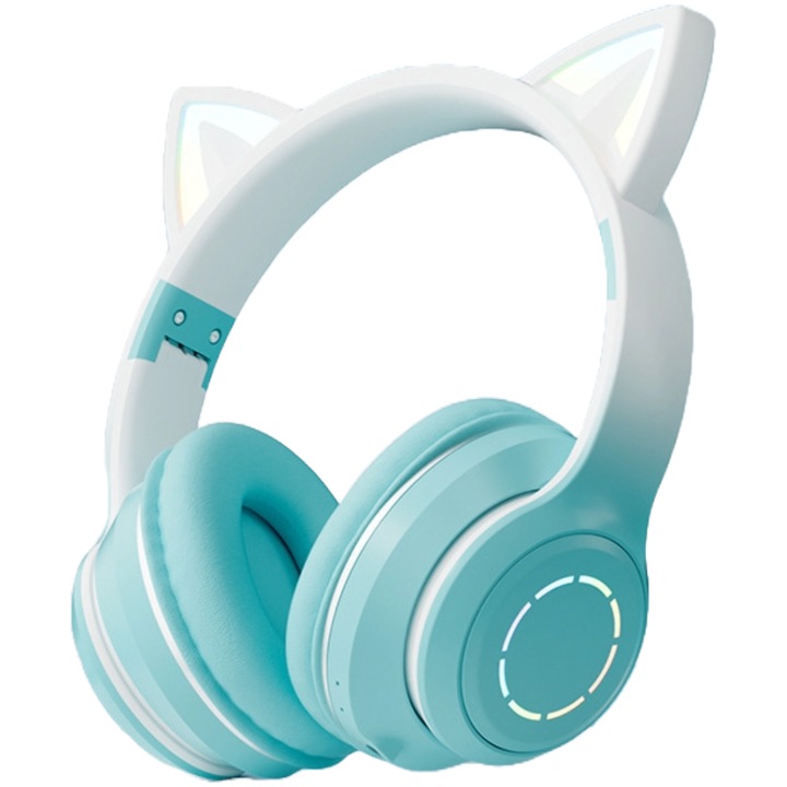 Casti wireless pliabile cu urechi de pisica iluminate RGB i4FIT®, Bluetooth 5.0, Sunet Stereo si microfon, Verde
