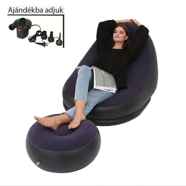 Dollcini, Felfújható kanapé, Legjobb levegős nyugágy, Kempingezéshez, Medencéhez, Fesztiválok, Strand szék, fekete / kék