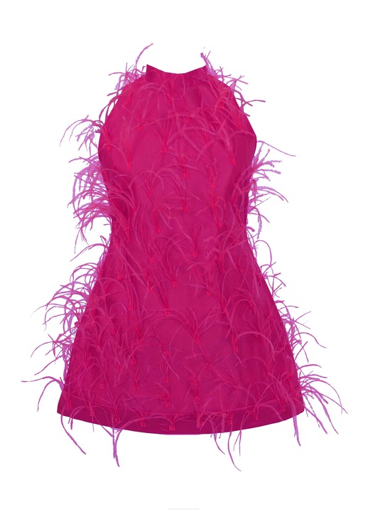 Rövid ruha ALMEEA tollakkal, Fukszia