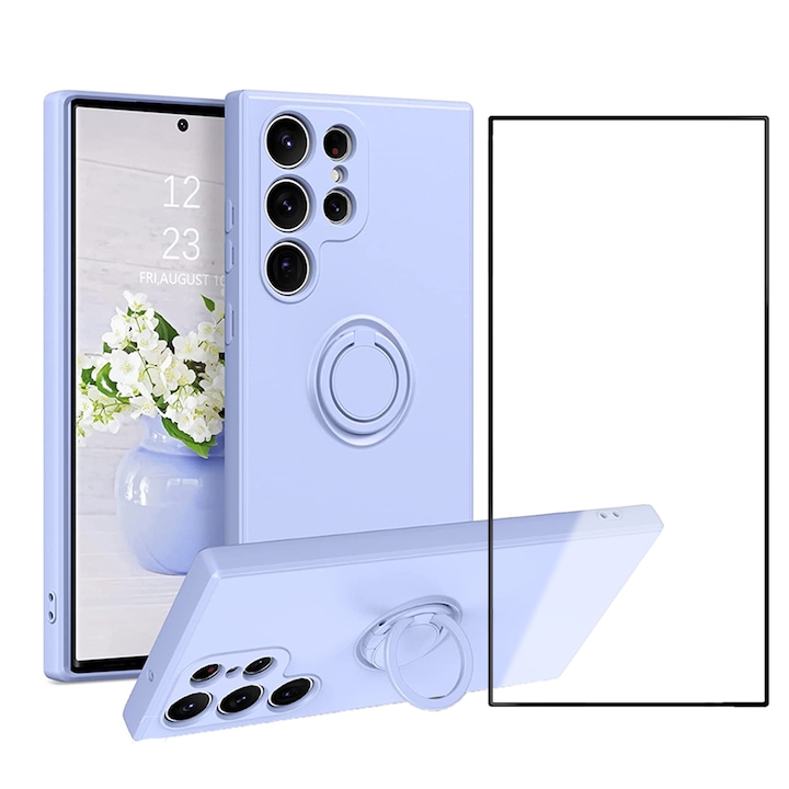 Комплект капаци Daden® с въртящ се на 360 пръстен за Samsung Galaxy S24 Ultra, първокласен силикон, защита на камерата, противоударно, лилаво и защитно стъклено фолио за екрана, пълна защита, най-високо качество