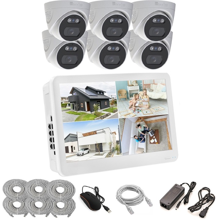 Kit de supraveghere video ENVIO complet IP POE cu 6 camere FULL COLOR 4MP PESS-KIT6CHMDFM70H400-DLM