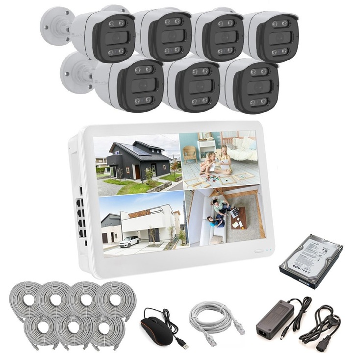Kit Supraveghere IP PoE cu 5 Camere 4MP (2K) Infrarosu si Color Noaptea 30m Microfon exterior, extensibil la 16, Complet, acces mobil, noapte/zi, OOGIS™ P4MF5ECD