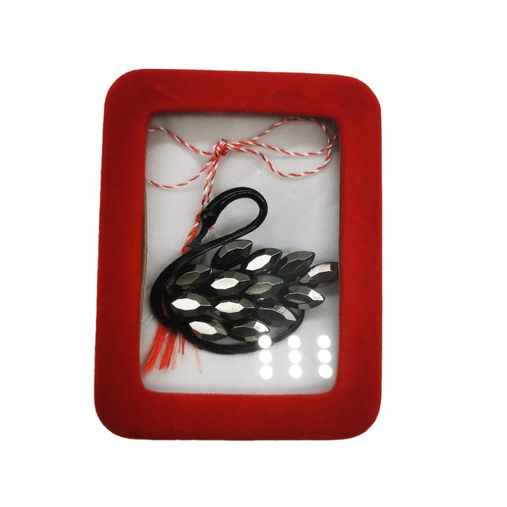 Martisor Brosa Mare in cutie de catifea rosie cu fereastra de sticla, Lebada neagra, VisionXXI