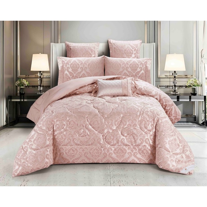 Двойно спално бельо, Jojo Home, Jacquard de Luxe, 7 части, 2 лица, 180x200см, Розово