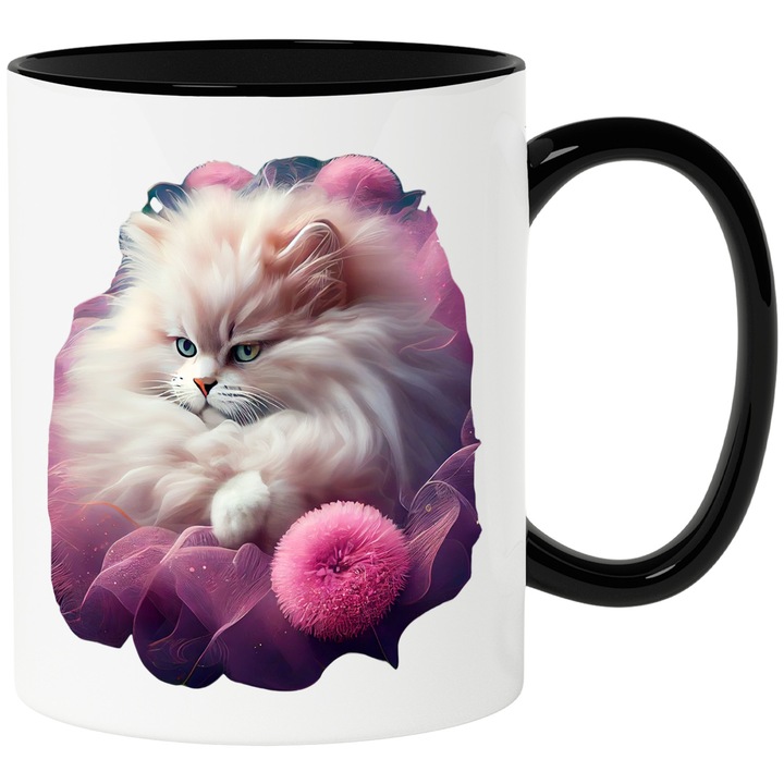 Чаша за бяла котка, дълга коса, цветя, магия, фантастична, любители на котки, керамика, 330 мл, с черна дръжка