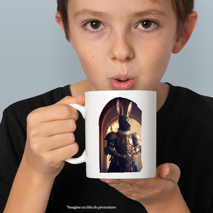 Чаша със заек в костюм на войник, синьо със злато, воин, боец, фантазия, магия, керамика, 330 ml, с бяла дръжка