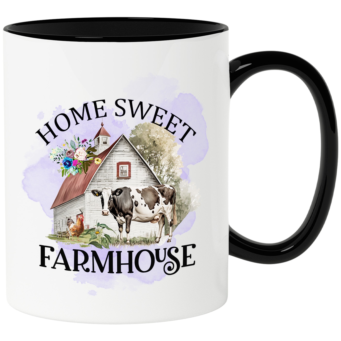 Чаша с селскостопански животни с послание „Home Sweet Farmhouse“, фермер,  крава, кокос, цветя, селски живот, живот във ферма, дом, сладко, илюстрация  с черна дръжка - eMAG.bg