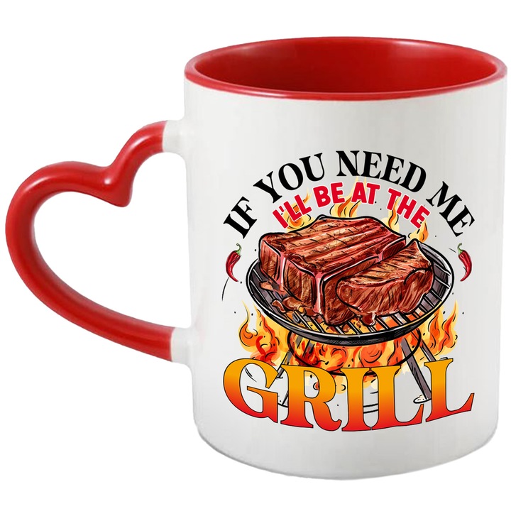 Bögre grillsütővel, amin egy steak található "Ha szükséged van rám, én a grillnél leszek", főzés, illusztráció, konyha, kell, paprika, tűz, zamatos Piros szív fogantyúval