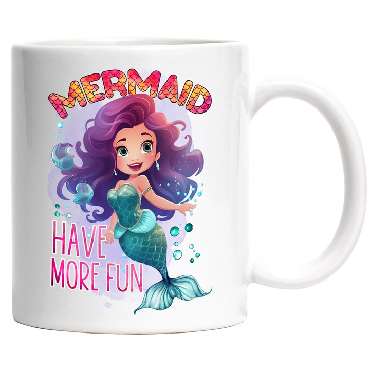 Cana cu mica sirena cu mesajul "Mermaid, have more fun", basm, ilustratie, mai multa distractie, fundal albastru, apa cu Maner Alb