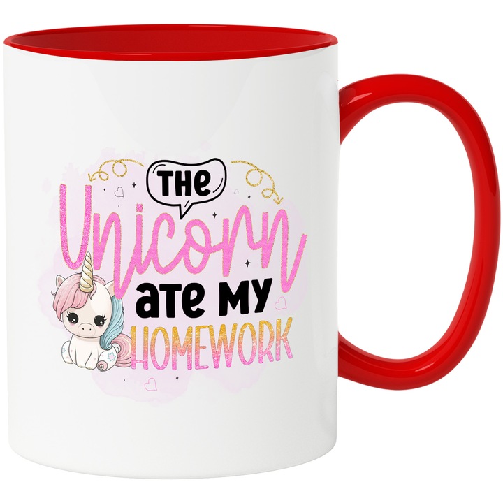 Bögre kis unikornissal, "Az egyszarvú megette a házi feladatomat" üzenettel, mese, illusztráció, evés téma, bocs, rózsaszín háttér piros fogantyúval