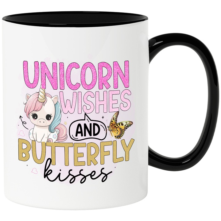 Bögre egyszarvúval és pillangóval "Unikornis kívánságok és pillangócsókok" üzenettel, mese, illusztráció, csókok, kívánságok, rózsaszín háttér, szívek fekete fogantyúval