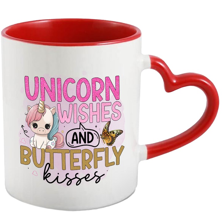 Bögre egyszarvúval és pillangóval "Unikornis kívánságok és pillangócsókok" üzenettel, mese, illusztráció, csókok, kívánságok, rózsaszín háttér, szívek piros szív fogantyúval