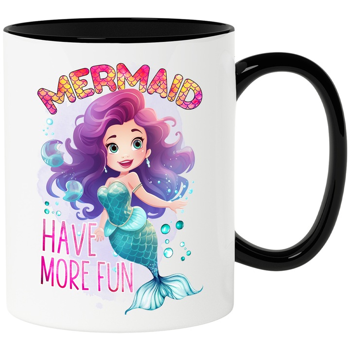 Cana cu mica sirena cu mesajul "Mermaid, have more fun", basm, ilustratie, mai multa distractie, fundal albastru, apa cu Maner Negru