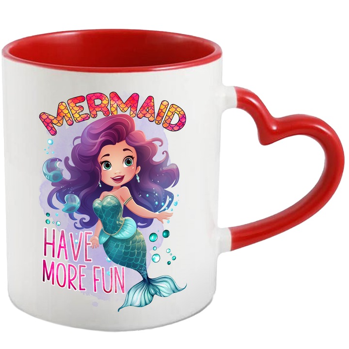 Cana cu mica sirena cu mesajul "Mermaid, have more fun", basm, ilustratie, mai multa distractie, fundal albastru, apa cu Maner Inima Rosie