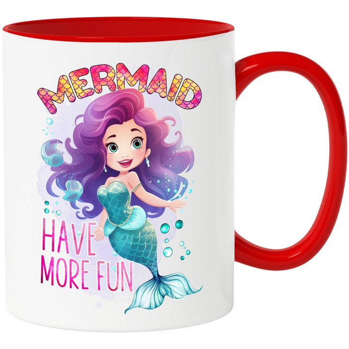 Cana cu mica sirena cu mesajul "Mermaid, have more fun", basm, ilustratie, mai multa distractie, fundal albastru, apa cu Maner Rosu