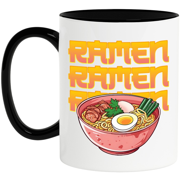Cana cu mesajul "Ramen, ramen, ramen", ilustratie, mancare, supa, Japonia, castron, ou, carne, taitei, gustoasa cu Maner Negru