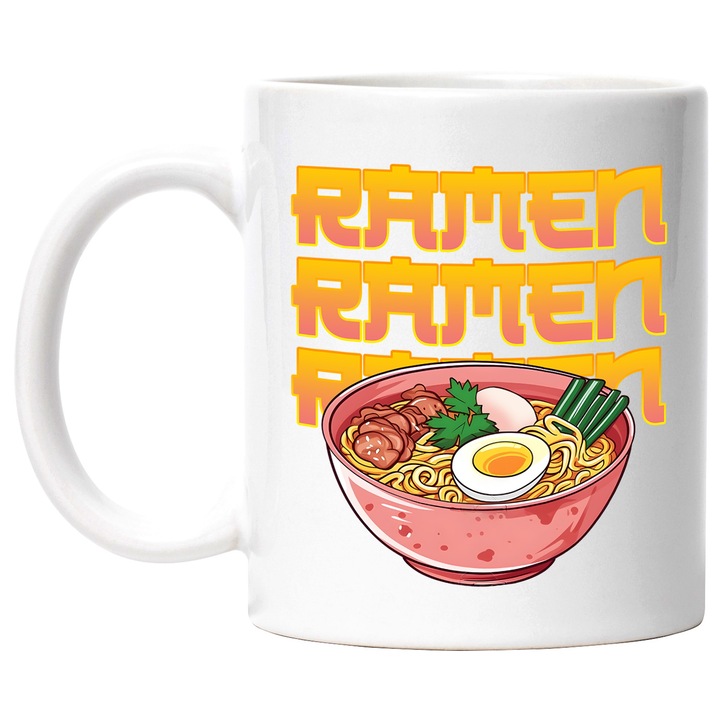 Cana cu mesajul "Ramen, ramen, ramen", ilustratie, mancare, supa, Japonia, castron, ou, carne, taitei, gustoasa cu Maner Alb