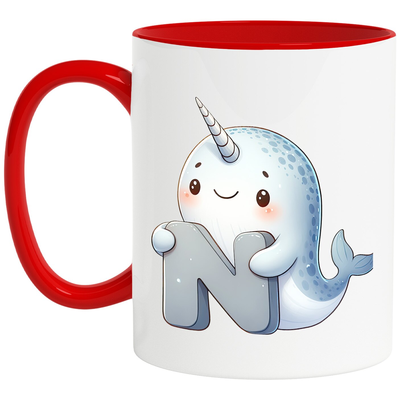 Чаша с рогат кит (нарвал) с буквата "N", илюстрация, за деца, училище ...