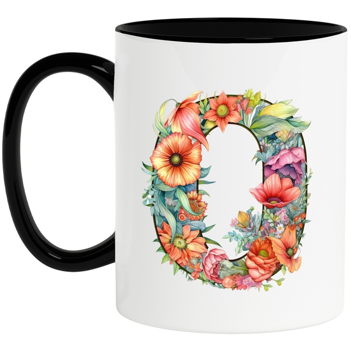 Чаша с буква "О", илюстрация, за деца, училище, студент, цветя, азбука, азбука, надпис с черна дръжка