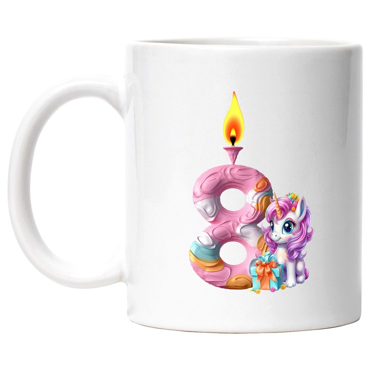 8-as számú égő gyertyalángú ajándék unikornis illusztrációs gyermek születésnapi bögre fehér fogantyúval