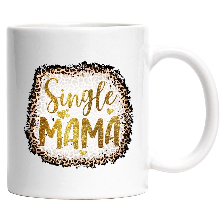 Чаша с послание "Самотна майка", илюстрация, майка, сама, злато, сърца, горди с бяла дръжка