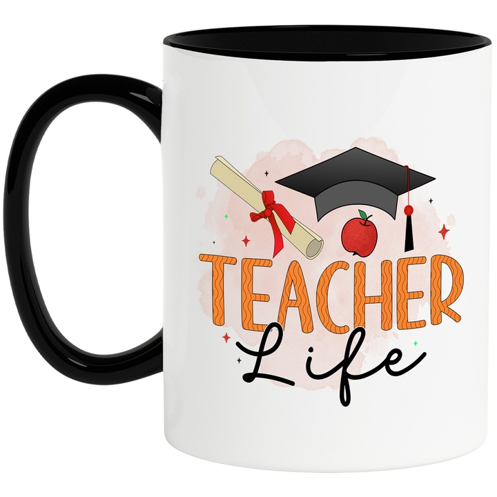 Bögre "Tanári élet", illusztráció, iskola, tanulók, diákok, tanárok, oktatás, tanítás, tanári élet, diploma, alma fekete fogantyúval