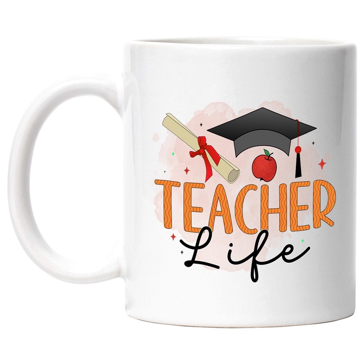 Bögre "Tanári élet", illusztráció, iskola, tanulók, diákok, tanárok, oktatás, tanítás, tanári élet, diploma, alma fehér fogantyúval