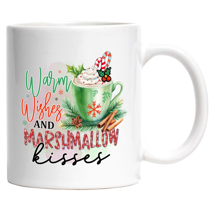 Чаша с чаша за кафе с послание "Топли пожелания и маршмелоу целувки", Весела Коледа, илюстрация, зима, меренг, целувки с бяла дръжка