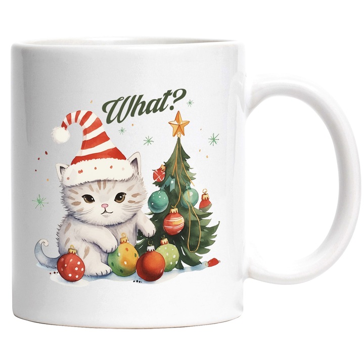 Cana cu pisoi cu mesajul "What?", Craciun fericit, ilustratie, iarna, globuri, brad, stea, ce cu Maner Alb