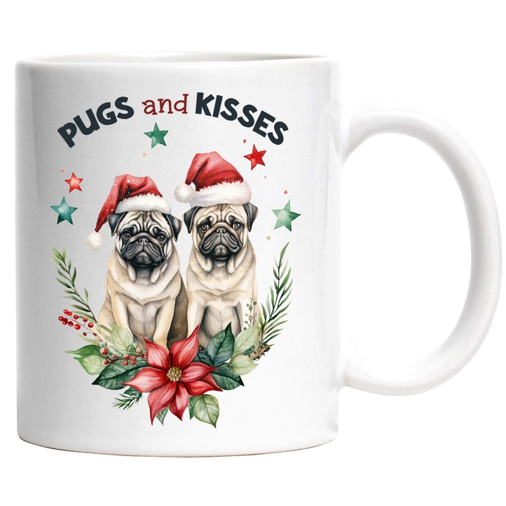 Чаша с 2 кучета боксьори с послание "Мопсове и целувки", Весела Коледа, илюстрация, зима, целувки, звезди с бяла дръжка