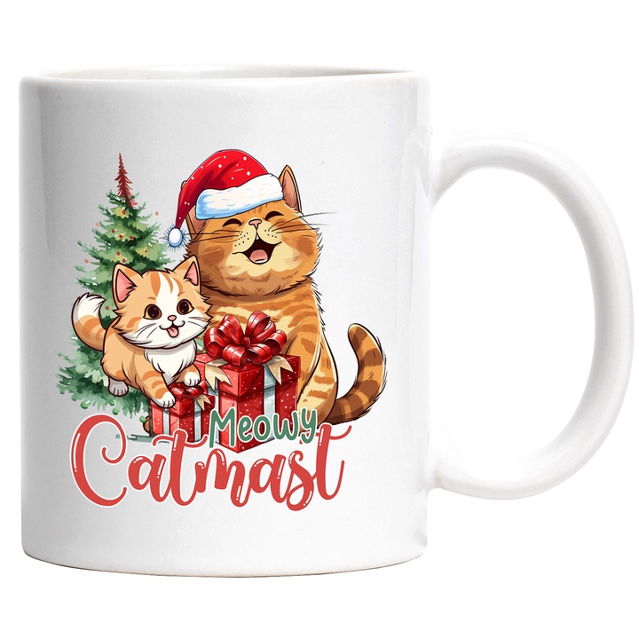 Cana cu 2 pisici cu mesajul "Meowy Catmas!", cadouri, Craciun fericit, ilustratie, iarna, bucurie, brad cu Maner Alb