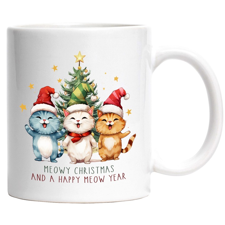 Cana cu pisoi cu mesajul "Meowy Christmas and a Happy Meow Year", Craciun fericit, ilustratie, iarna, an nou fericit, brad cu Maner Alb
