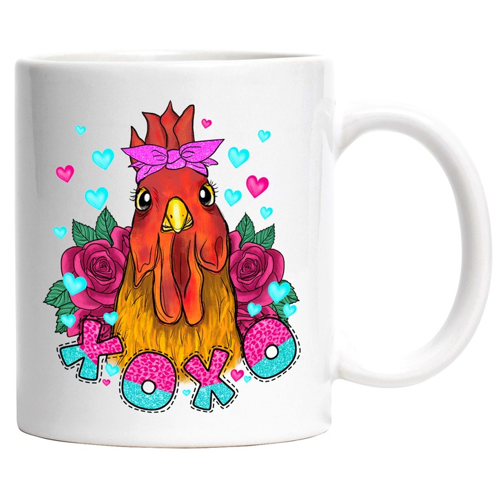 Чаша с кокос, заобиколен от рози с послание "xoxo", целувка, птица, лък, цветни сърца, любов, Свети Валентин, илюстрация с бяла дръжка