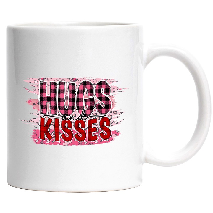 Чаша с послание "Прегръдки и целувки", червено, розово, сърца, Свети Валентин, илюстрация, прегръдка, целувка, целувка с бяла дръжка