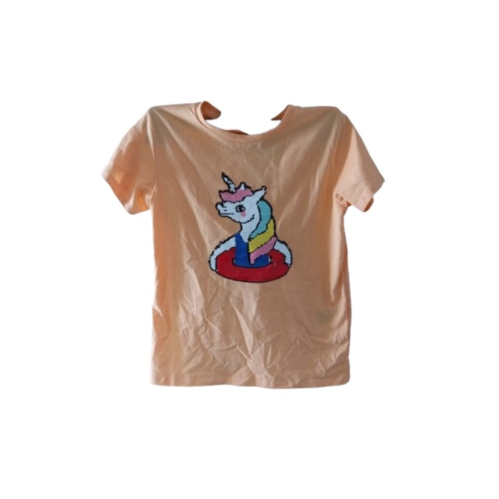 Lány póló, narancssárga egyszarvúval, pamut, 134-140 méret