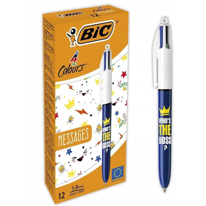 Писалка с 4 цвята, Bic, пластмаса, синя, 12 бр