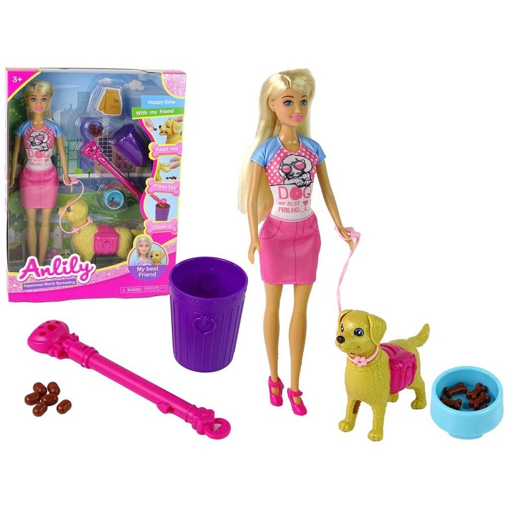 Papusa cu caine si accesorii, Leantoys, Plastic, 3+, Multicolor