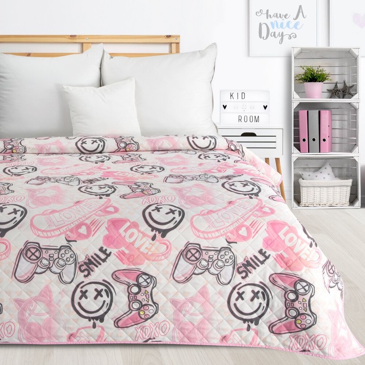 Декоративно покривало за легло KID 170x210 Design91 бяло розово черно скейтър момиче геймър
