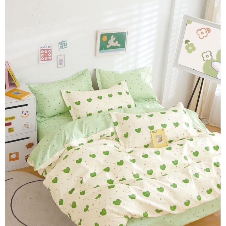 Двойно спално бельо за 2 момичета, щампа сърца, 6 части, 2 души, 180x200 см, фин сатен, патешки белтък-зелен