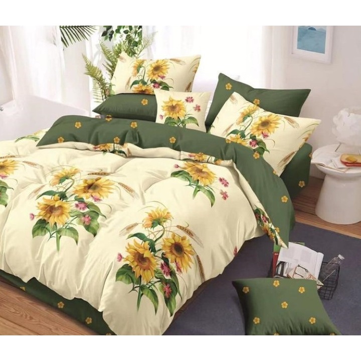 Двойно спално бельо, щампа слънчоглед, 6 части, 2 лица, 245x250 см, фино, многоцветно