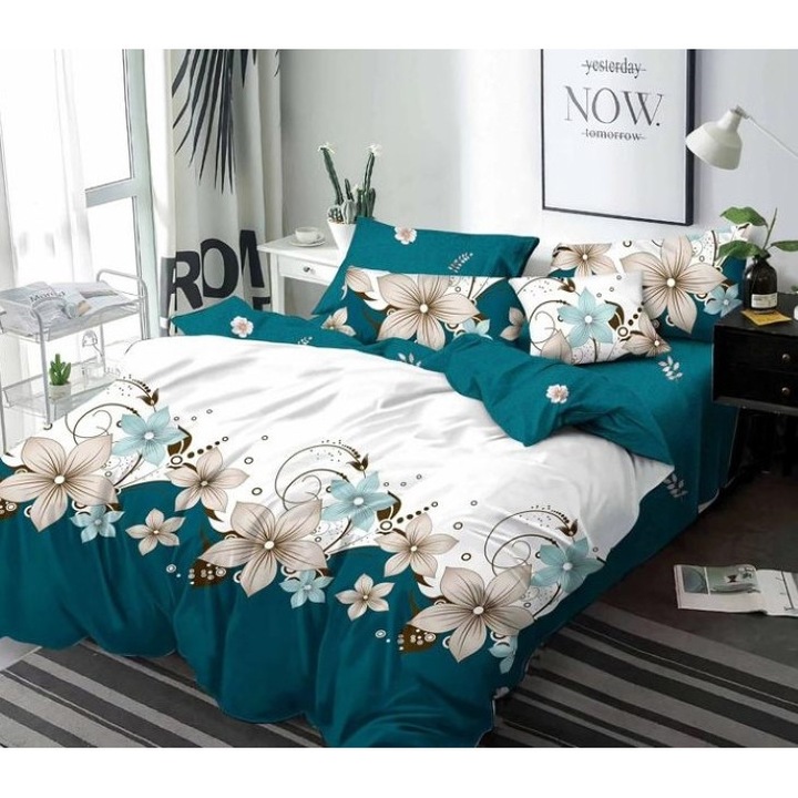 Lenjerie pat dublu, imprimeu Flori Bicolore, 6 piese, 2 persoane, 245x250cm, Finet, Multicolor