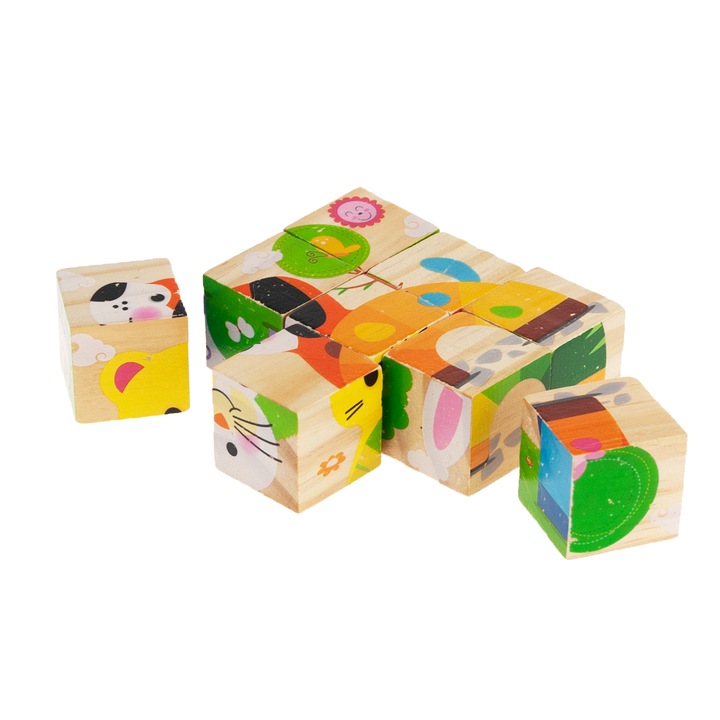 Fa puzzle, 9 darab, 6 különböző kép, 3,5x3,5x3,5 cm, többszínű