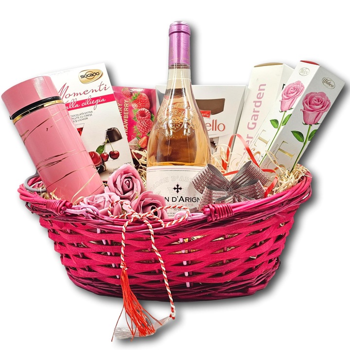 Cos cadou special, CADOURI PREMIUM, model Sunny Spring, cu vin roze frantuzesc Baron D’Arignac, o cutie mare cu bomboane Rafaello si alte produse si accesorii surpriza