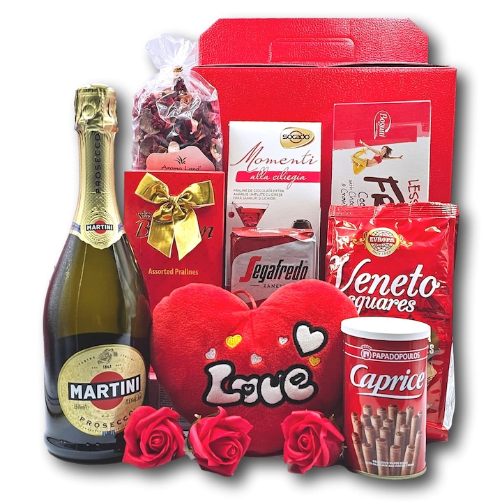 Pachet cadou asortat, CADOURI PREMIUM, model With Love, cu Prosecco Martini, cafea Segafredo, praline The Belgian si o multime de alte surprize dulci, colorate si parfumate