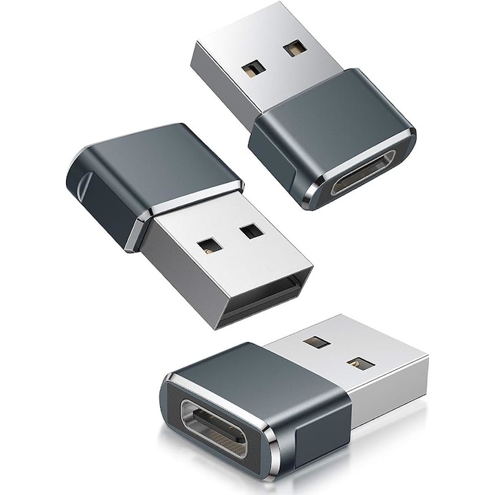 Комплект от 3 алуминиеви адаптера USB-A към USB-C, JENUOS®, сребрист